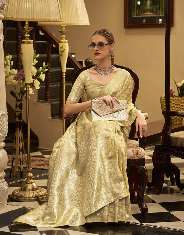 Light Yellow Satin Woven Banarasi Saree