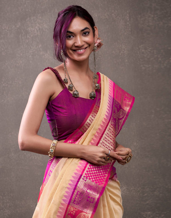 Cream Cotton Woven Banarasi Saree