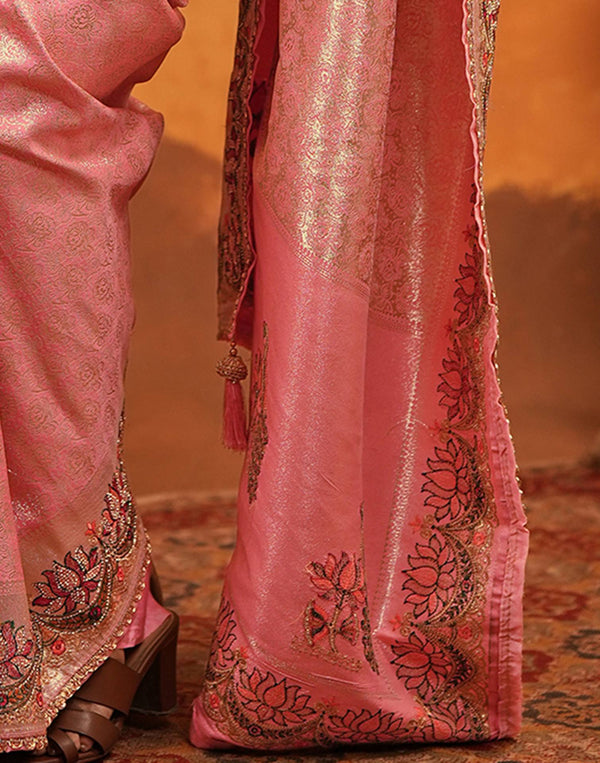 Light Pink Silk Woven Embroidery Stone Work Banarasi Saree