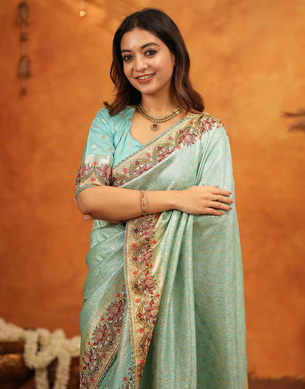 Turquoise Blue Silk Woven Embroidery Stone Work Banarasi Saree