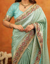 Turquoise Blue Silk Woven Embroidery Stone Work Banarasi Saree