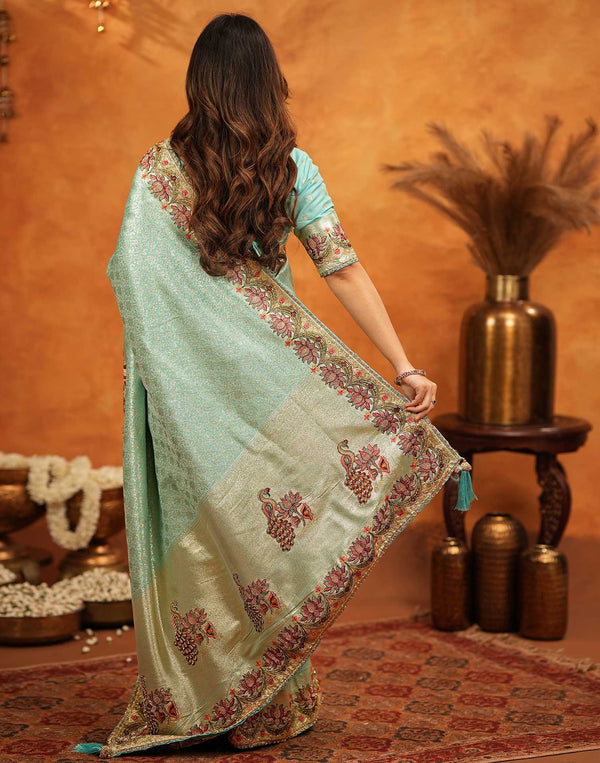 Turquoise Blue Silk Woven Embroidery Stone Work Banarasi Saree