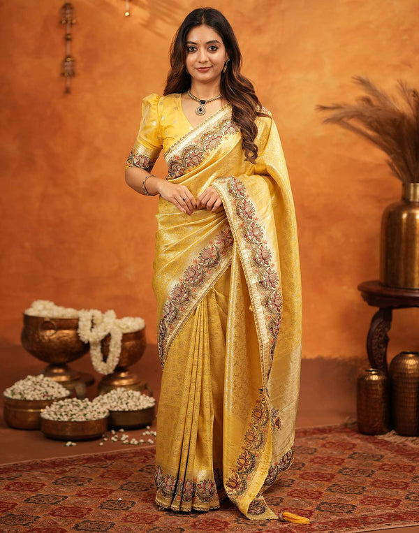 Light Yellow Silk Woven Embroidery Stone Work Banarasi Saree