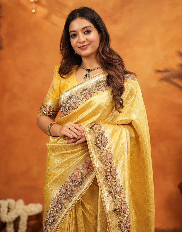 Light Yellow Silk Woven Embroidery Stone Work Banarasi Saree