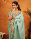 Turquoise Blue Silk Woven Embroidery Stone Work Banarasi Saree