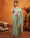 Turquoise Blue Silk Woven Embroidery Stone Work Banarasi Saree