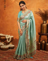 Turquoise Blue Silk Woven Embroidery Stone Work Banarasi Saree