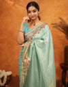 Turquoise Blue Silk Woven Embroidery Stone Work Banarasi Saree