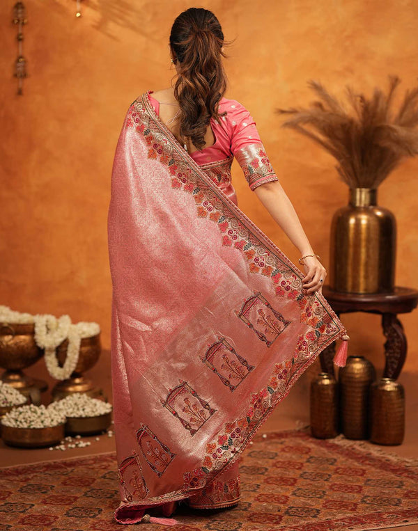 Light Pink Silk Woven Embroidery Stone Work Banarasi Saree
