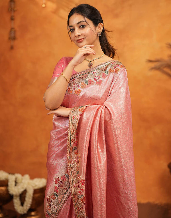 Light Pink Silk Woven Embroidery Stone Work Banarasi Saree