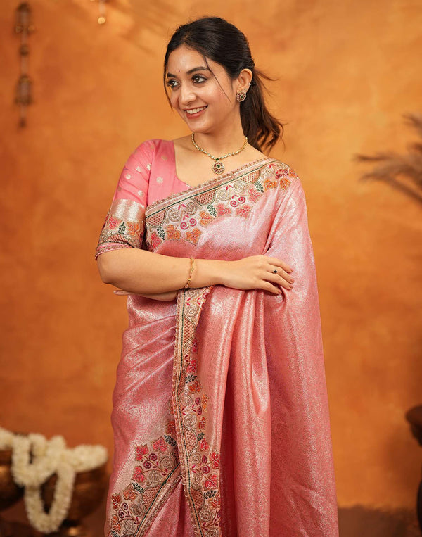 Light Pink Silk Woven Embroidery Stone Work Banarasi Saree