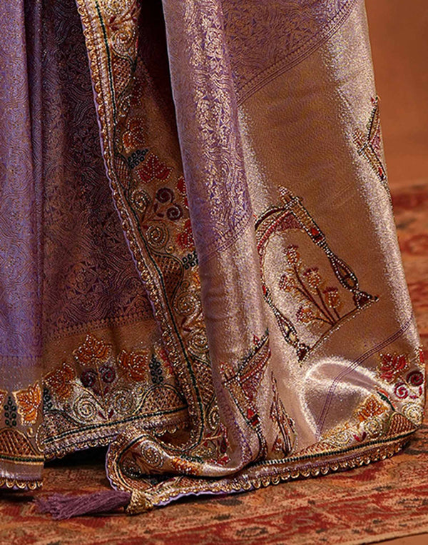Dark Mauve Silk Woven Embroidery Stone Work Banarasi Saree