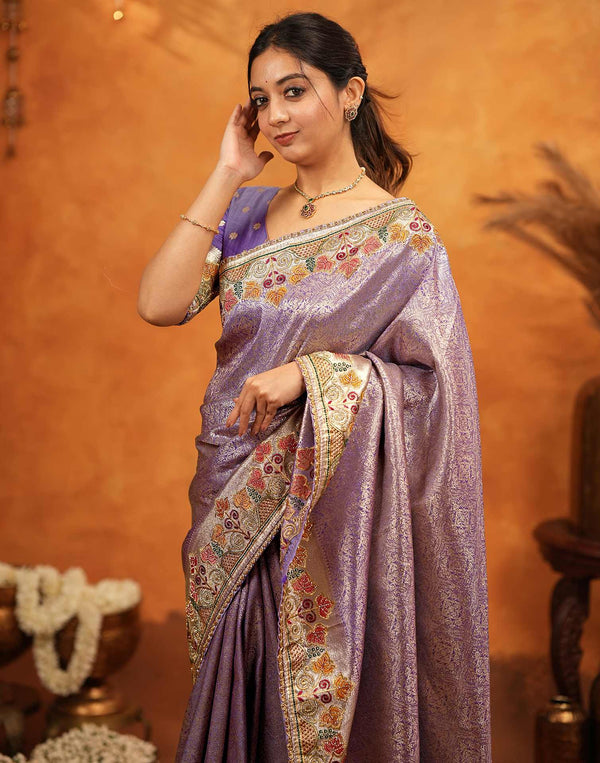 Dark Mauve Silk Woven Embroidery Stone Work Banarasi Saree