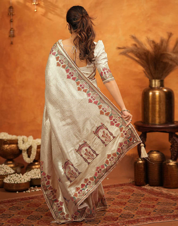 Off White Silk Woven Embroidery Stone Work Banarasi Saree