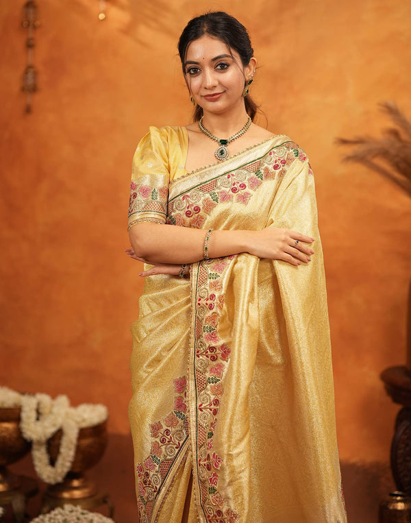 Light Yellow Silk Woven Embroidery Stone Work Banarasi Saree