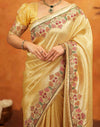 Light Yellow Silk Woven Embroidery Stone Work Banarasi Saree