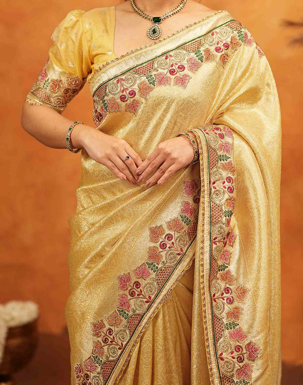 Light Yellow Silk Woven Embroidery Stone Work Banarasi Saree