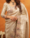 Beige Silk Woven Embroidery Stone Work Banarasi Saree