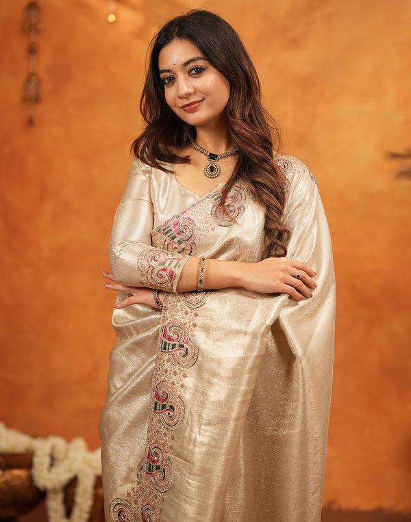 Beige Silk Woven Embroidery Stone Work Banarasi Saree