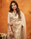 Beige Silk Woven Embroidery Stone Work Banarasi Saree