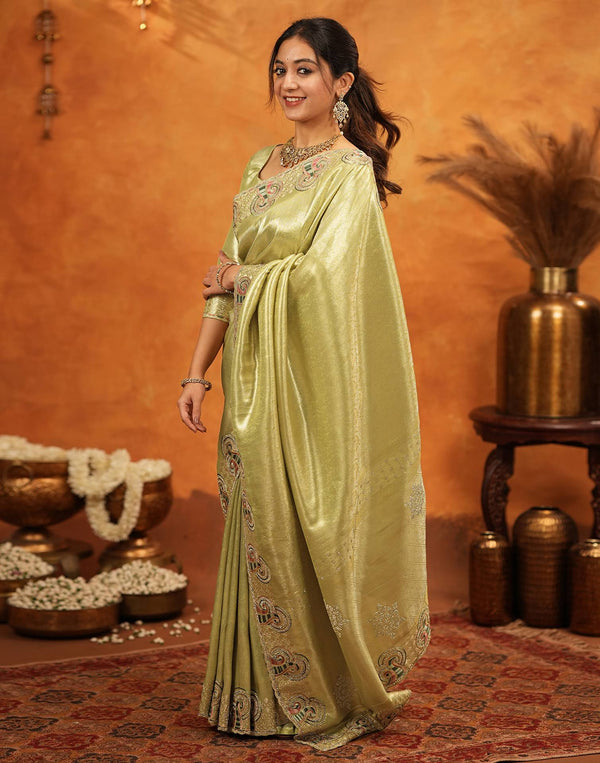 Pista Green Silk Woven Embroidery Stone Work Banarasi Saree
