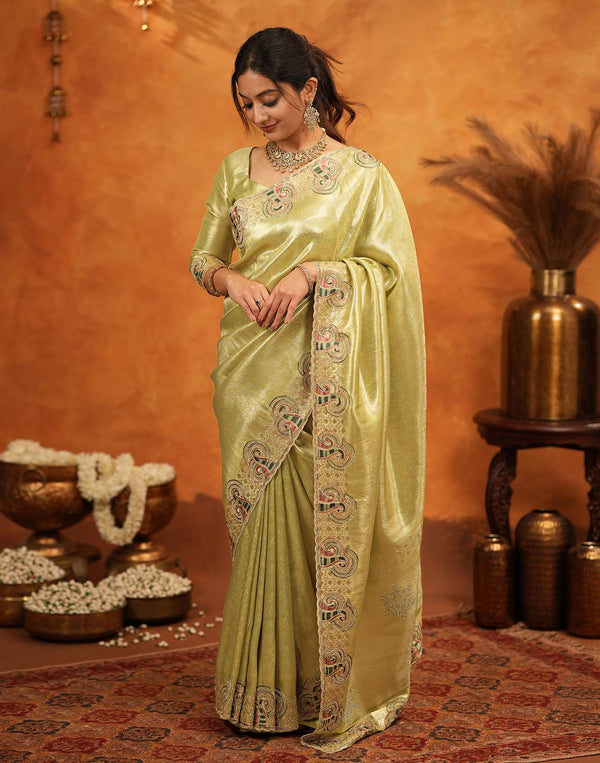 Pista Green Silk Woven Embroidery Stone Work Banarasi Saree