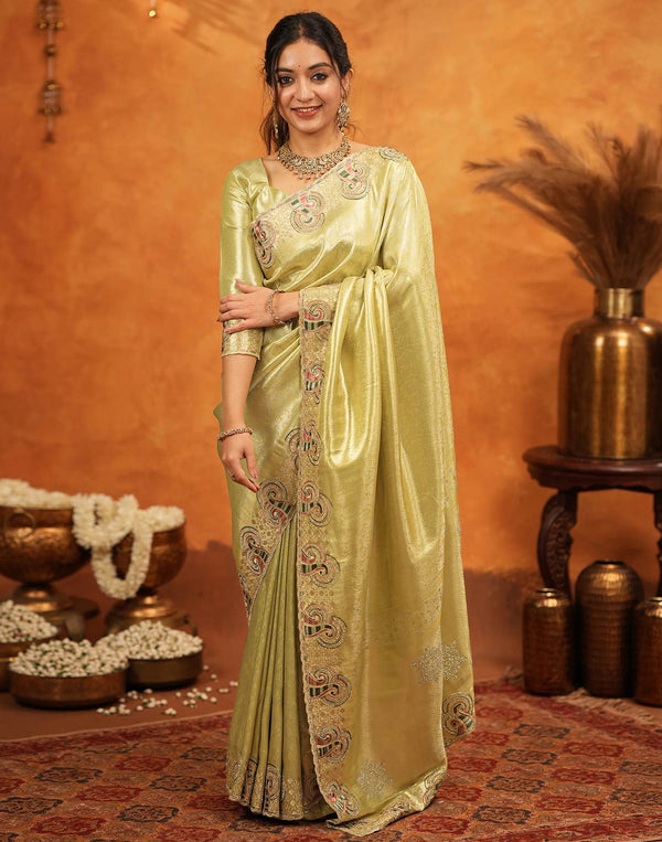 Pista Green Silk Woven Embroidery Stone Work Banarasi Saree