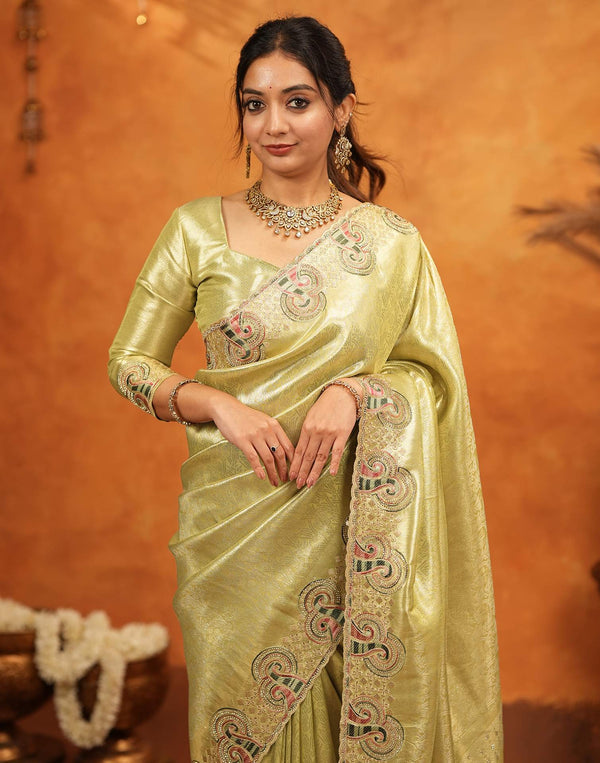 Pista Green Silk Woven Embroidery Stone Work Banarasi Saree