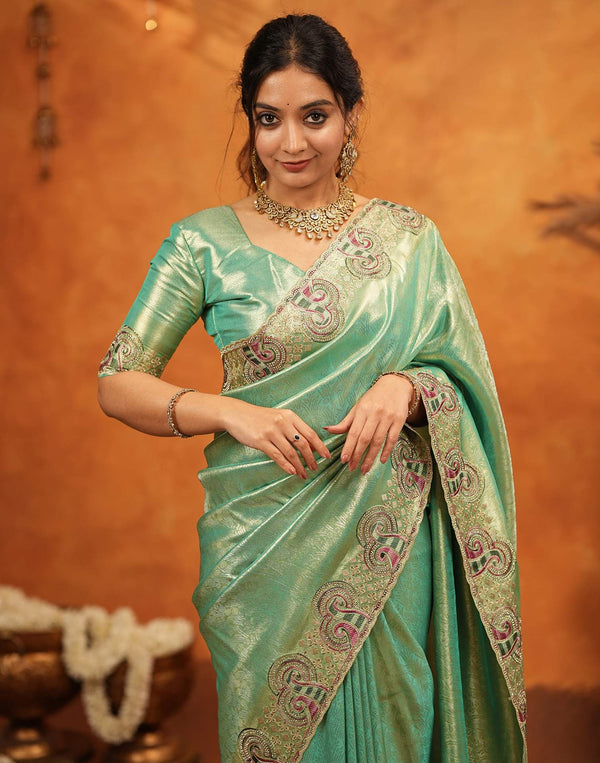 Mint Green Silk Woven Embroidery Stone Work Banarasi Saree