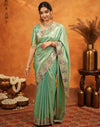 Mint Green Silk Woven Embroidery Stone Work Banarasi Saree