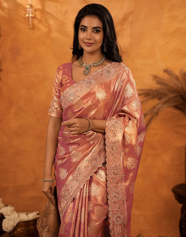 Dusty Rose Pink Silk Woven Embroidery Stone Work Banarasi Saree