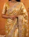 Light Mustard Silk Woven Embroidery Stone Work Banarasi Saree