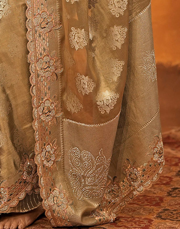 Dark Beige Silk Woven Embroidery Stone Work Banarasi Saree