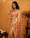Peach Silk Woven Embroidery Stone Work Banarasi Saree