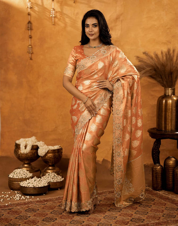 Peach Silk Woven Embroidery Stone Work Banarasi Saree