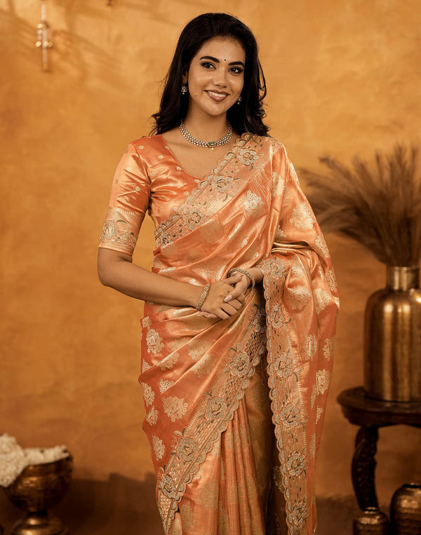 Peach Silk Woven Embroidery Stone Work Banarasi Saree