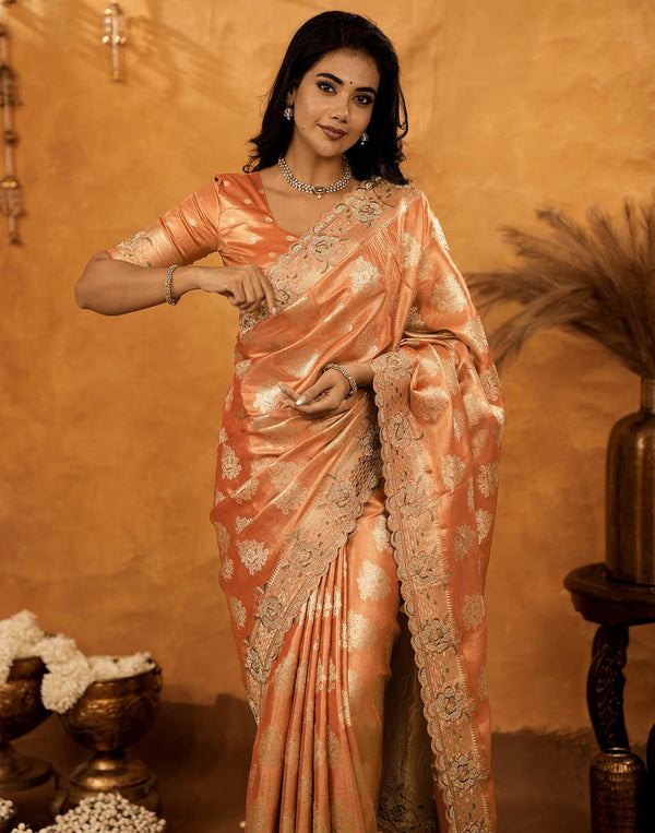 Peach Silk Woven Embroidery Stone Work Banarasi Saree