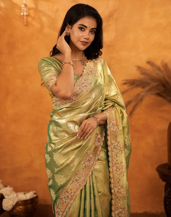 Dark Pista Green Silk Woven Embroidery Stone Work Banarasi Saree