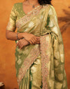 Dark Pista Green Silk Woven Embroidery Stone Work Banarasi Saree