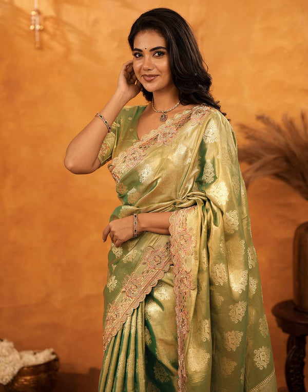 Dark Pista Green Silk Woven Embroidery Stone Work Banarasi Saree