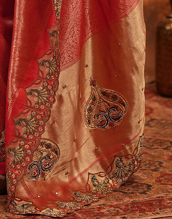 Red Silk Woven Embroidery Stone Work Banarasi Saree