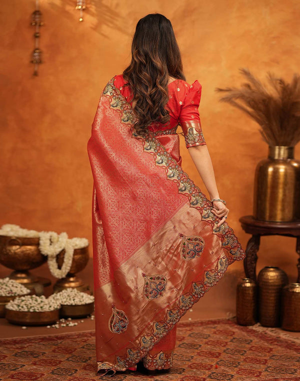 Red Silk Woven Embroidery Stone Work Banarasi Saree