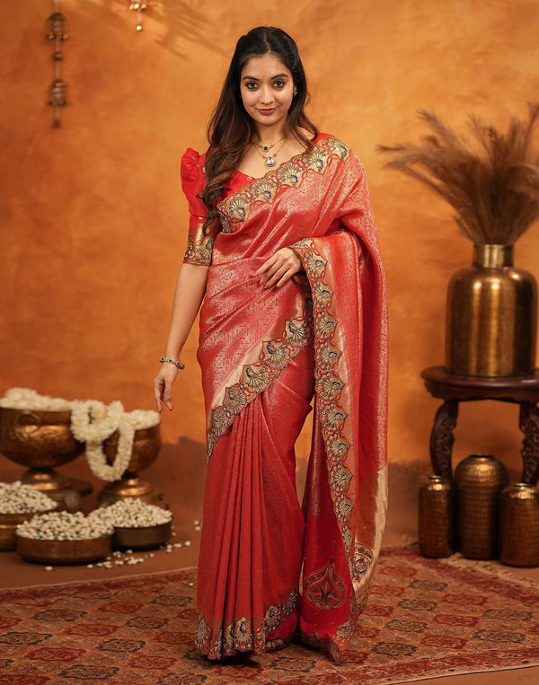 Red Silk Woven Embroidery Stone Work Banarasi Saree