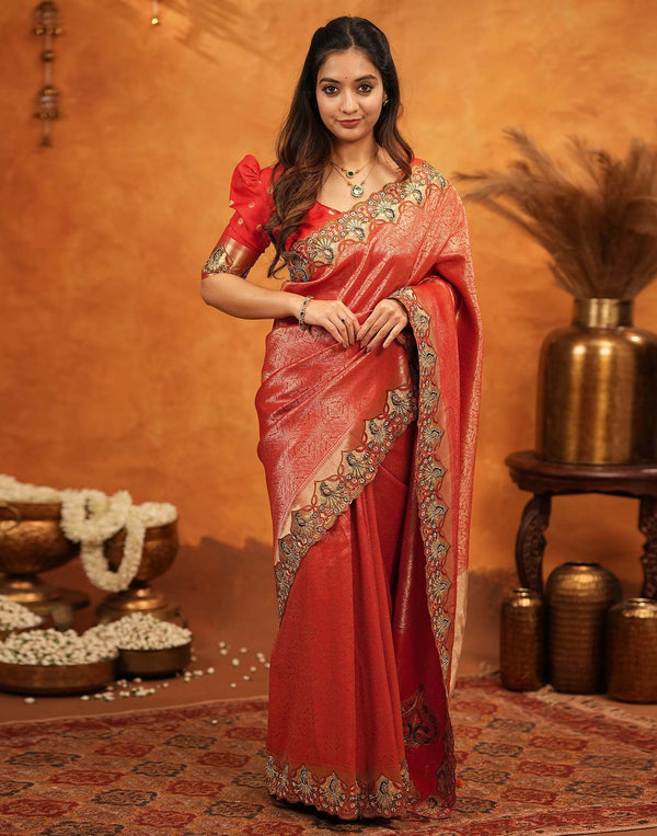 Red Silk Woven Embroidery Stone Work Banarasi Saree