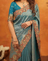 Dark Teal Blue Silk Woven Embroidery Stone Work Banarasi Saree