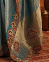 Dark Teal Blue Silk Woven Embroidery Stone Work Banarasi Saree