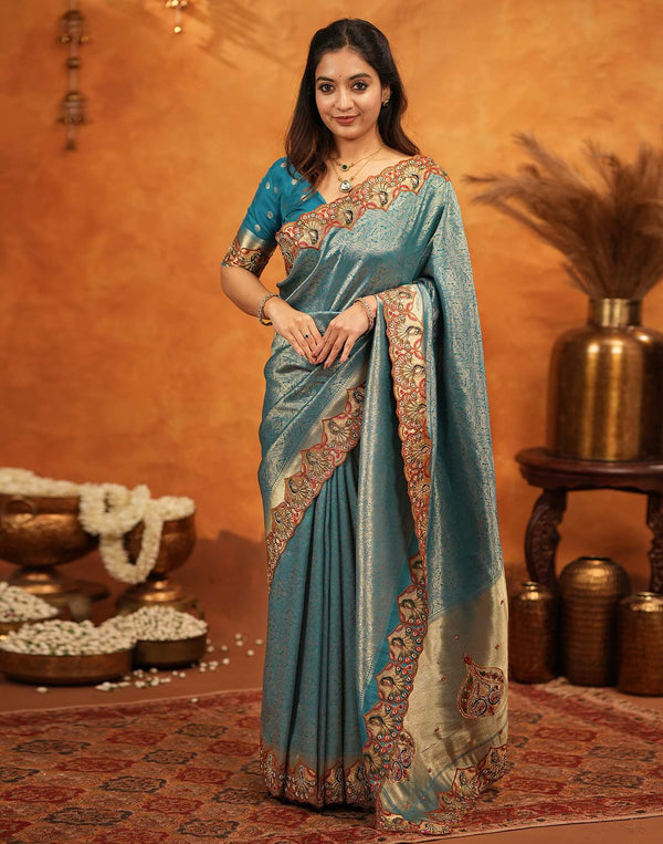 Dark Teal Blue Silk Woven Embroidery Stone Work Banarasi Saree