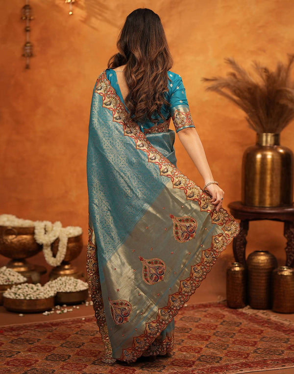 Dark Teal Blue Silk Woven Embroidery Stone Work Banarasi Saree