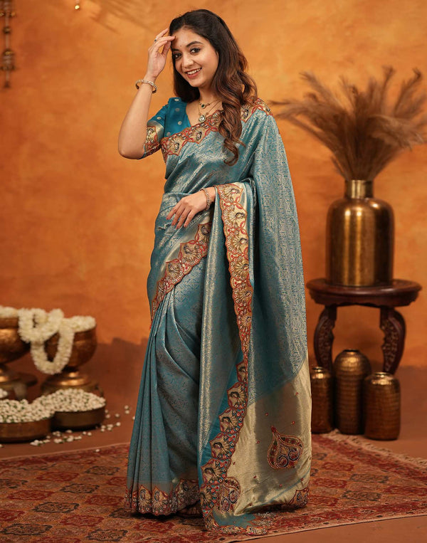 Dark Teal Blue Silk Woven Embroidery Stone Work Banarasi Saree