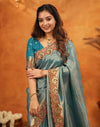 Dark Teal Blue Silk Woven Embroidery Stone Work Banarasi Saree